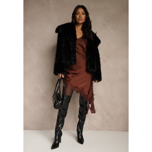 Brązowa Satynowa Sukienka Asymetryczna z Koronką Monoria ze sklepu renee.pl w kategorii Sukienki - zdjęcie 187279790