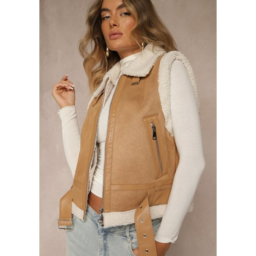 Beżowa Kamizelka w Rockowym Stylu z Futerkiem w Stylu Baranka i Klamrą Tiofira - id: 11Z8238-68-CAMEL - marki Renee - 187289533 Beżowa Kamizelka w Rockowym Stylu z Futerkiem w Stylu Baranka i Klamrą Tiofira ze sklepu renee.pl w kategorii Kamizelki damskie - zdjęcie 187289533