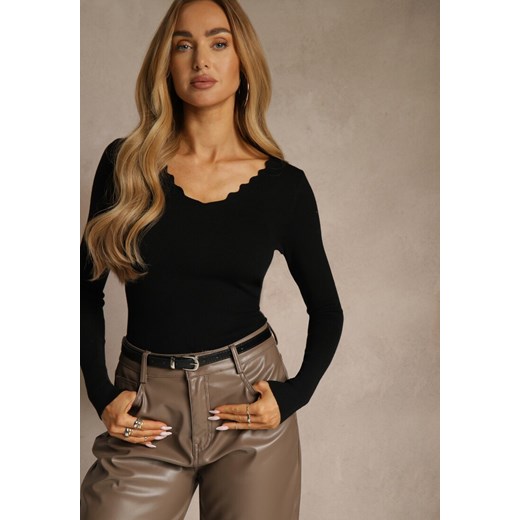 Czarny Sweter o Taliowanym Kroju z Nieregularnym Dekoltem w V Fenalissa - id: WMY-5858-MIX3K-38-BLACK - marki Renee - 187289563 Czarny Sweter o Taliowanym Kroju z Nieregularnym Dekoltem w V Fenalissa ze sklepu renee.pl w kategorii Swetry damskie - zdjęcie 187289563