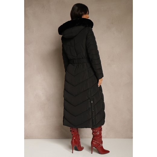 Czarna Zimowa Kurtka Pikowana o Długim Kroju z Paskiem i Kapturem z Futrem Renee L renee.pl