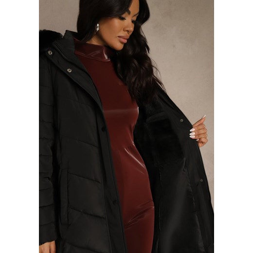 Czarna Zimowa Kurtka Pikowana o Długim Kroju z Paskiem i Kapturem z Futrem Renee L renee.pl