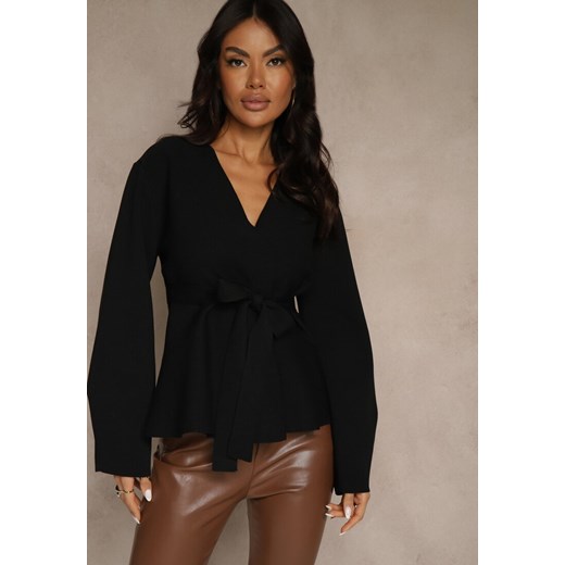 Czarny Kardigan z Wiskozą Ozdobiony w Pasie Wiązaniem Tusllima ze sklepu renee.pl w kategorii Swetry damskie - zdjęcie 187290232