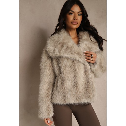 Beżowa Kurtka Futerko Ozdobione Cieniowanym Motywem Monideva - id: LM7195-42-BEIGE - marki Renee - 187290252 Beżowa Kurtka Futerko Ozdobione Cieniowanym Motywem Monideva ze sklepu renee.pl w kategorii Futra damskie - zdjęcie 187290252