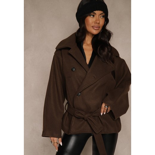 Brązowy Pudełkowy Krótki Płaszcz z Wiskozą z Wiązanym Paskiem i Kołnierzykiem Tusainea ze sklepu renee.pl w kategorii Płaszcze damskie - zdjęcie 187290272