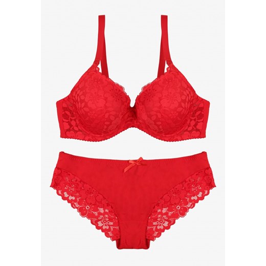 Czerwony Koronkowy Komplet Biustonosz i Majtki Figi w Klasycznym Stylu Ezirene ze sklepu renee.pl w kategorii Komplety bielizny damskiej - zdjęcie 187290291