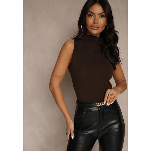 Ciemnobrązowy Dopasowany Top z Bawełny z Półgolfem Unellesa - id: JMC20737-137-D.BROWN - marki Renee - 187290324 Ciemnobrązowy Dopasowany Top z Bawełny z Półgolfem Unellesa ze sklepu renee.pl w kategorii Bluzki damskie - zdjęcie 187290324