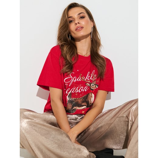 Sinsay - Bawełniana koszulka z nadrukiem świątecznym - czerwony Sinsay M Sinsay