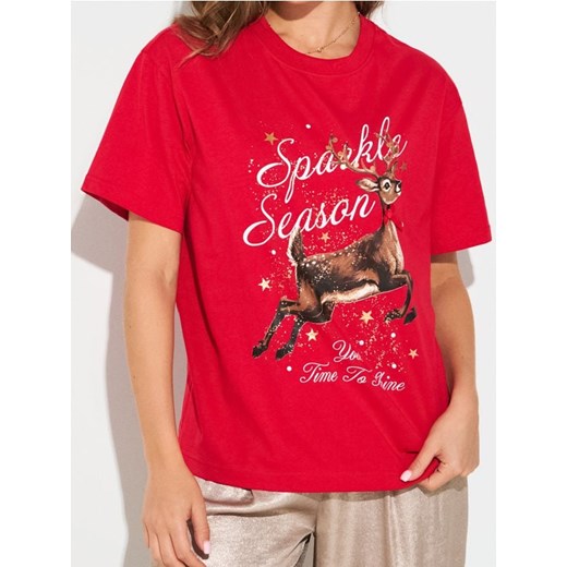 Sinsay - Bawełniana koszulka z nadrukiem świątecznym - czerwony - id: 901GS-33X - marki Sinsay - 187291721 Sinsay - Bawełniana koszulka z nadrukiem świątecznym - czerwony ze sklepu Sinsay w kategorii Bluzki damskie - zdjęcie 187291721