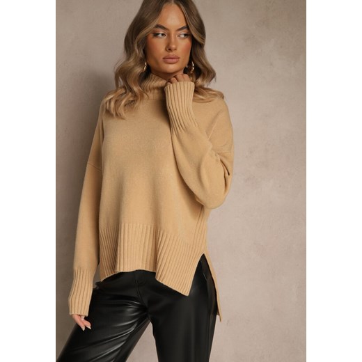 Beżowy Gładki Golf Casual Ralloria ze sklepu renee.pl w kategorii Swetry damskie - zdjęcie 187292400