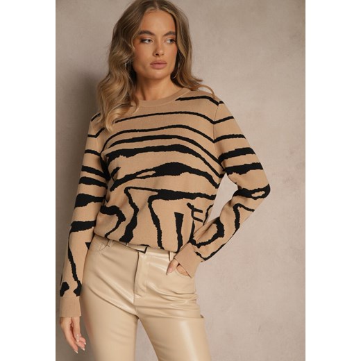 Ciemnobeżowy Klasyczny Sweter w Zebrę Unarella - id: WMY-5852-MIX3K-44-D.BEIGE - marki Renee - 187292420 Ciemnobeżowy Klasyczny Sweter w Zebrę Unarella ze sklepu renee.pl w kategorii Swetry damskie - zdjęcie 187292420