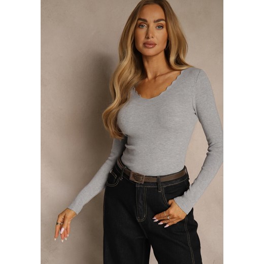 Szary Sweter o Taliowanym Kroju z Nieregularnym Dekoltem w V Fenalissa ze sklepu renee.pl w kategorii Swetry damskie - zdjęcie 187292430