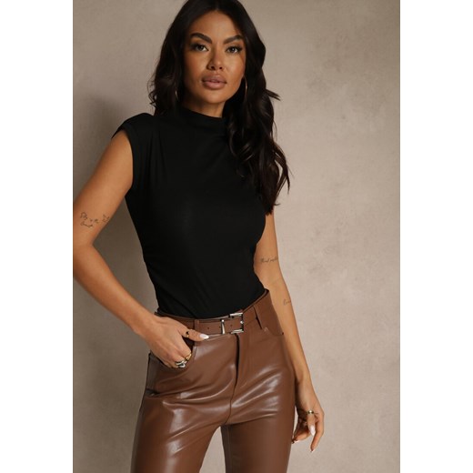 Czarny Top z Bawełny i Wiskozy ze Stójką i Marszczeniem w Talii Zetelie - id: JMC20735-38-BLACK - marki Renee - 187292440 Czarny Top z Bawełny i Wiskozy ze Stójką i Marszczeniem w Talii Zetelie ze sklepu renee.pl w kategorii Bluzki damskie - zdjęcie 187292440