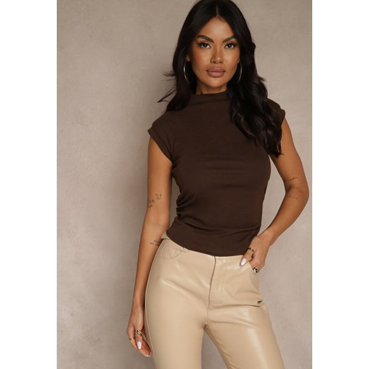 Brązowy Top z Bawełny i Wiskozy ze Stójką i Marszczeniem w Talii Zetelie - id: JMC20735-448-COFFEE - marki Renee - 187292450 Brązowy Top z Bawełny i Wiskozy ze Stójką i Marszczeniem w Talii Zetelie ze sklepu renee.pl w kategorii Bluzki damskie - zdjęcie 187292450