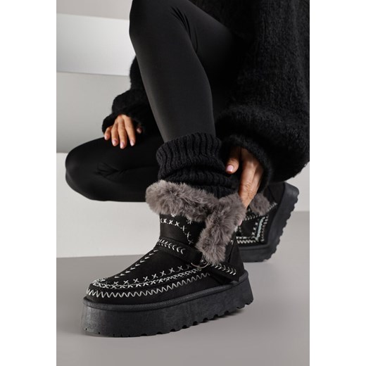 Czarne Śniegowce na Platformie z Futerkiem i Haftowanym Wzorem Celatusa - id: JR8-38-BLACK - marki Renee - 187292484 Czarne Śniegowce na Platformie z Futerkiem i Haftowanym Wzorem Celatusa ze sklepu renee.pl w kategorii Śniegowce damskie - zdjęcie 187292484