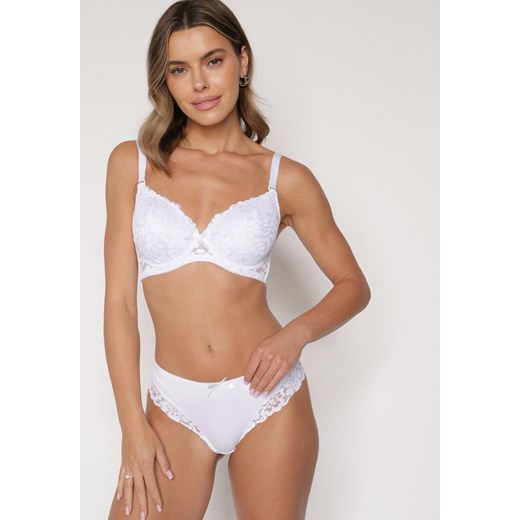 Biały Klasyczny Komplet Biustonosz i Majtki Figi z Koronką Ezilene ze sklepu born2be.pl w kategorii Komplety bielizny damskiej - zdjęcie 187294733