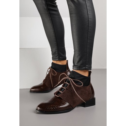 Brązowe Botki Typu Trzewiki z Lakierowanymi Wstawkami z Tłoczeniem Krokodyla Zetilla ze sklepu born2be.pl w kategorii Botki - zdjęcie 187296842