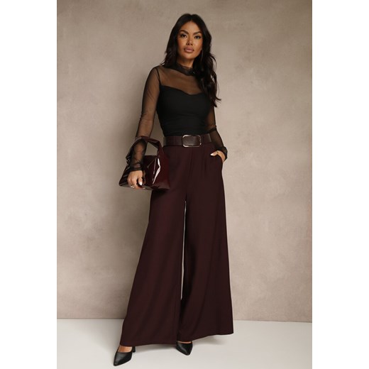 Bordowe Szerokie Garniturowe Spodnie z Bawełny High Waist Ozdobione Paskiem Tusneva ze sklepu renee.pl w kategorii Spodnie damskie - zdjęcie 187296870