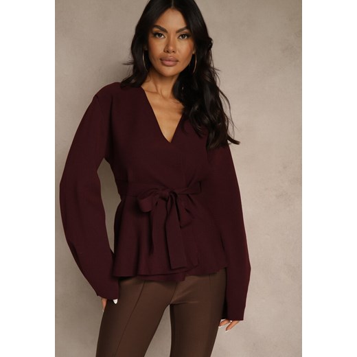 Bordowy Kardigan z Wiskozą Ozdobiony w Pasie Wiązaniem Tusllima - id: 05980-65-BORDO - marki Renee - 187296880 Bordowy Kardigan z Wiskozą Ozdobiony w Pasie Wiązaniem Tusllima ze sklepu renee.pl w kategorii Swetry damskie - zdjęcie 187296880