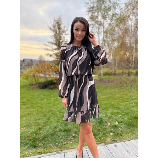 Brązowa Wzorzysta Sukienka z Falbanką ze sklepu ModnaKiecka.pl w kategorii Sukienki - zdjęcie 187297513