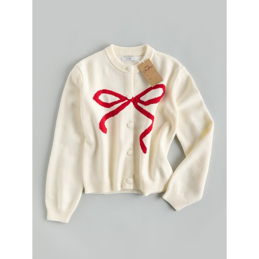 Reserved - Kardigan z kokardką - kremowy ze sklepu Reserved w kategorii Swetry damskie - zdjęcie 187297954