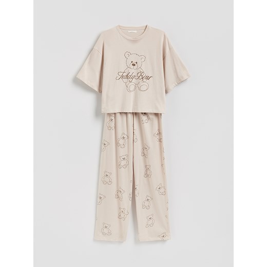 Reserved - Dwuczęściowa piżama z bawełny - beżowy ze sklepu Reserved w kategorii Piżamy damskie - zdjęcie 187298223