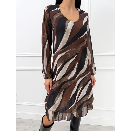 Brązowa Wzorzysta Sukienka z Dekoltem V ze sklepu ModnaKiecka.pl w kategorii Sukienki - zdjęcie 187300610