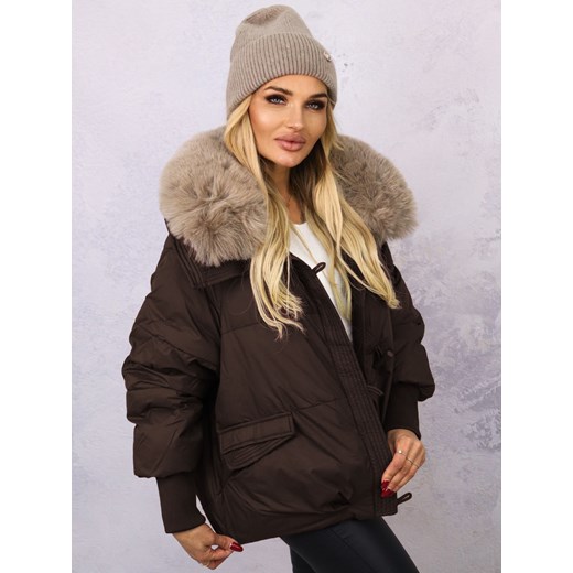 KURTKA ZIMOWA Z FUTERKIEM ZAPINANA NA ZAMEK I GUZIKI- CZEKOLADOWA ze sklepu olika.com.pl w kategorii Kurtki damskie - zdjęcie 187300643
