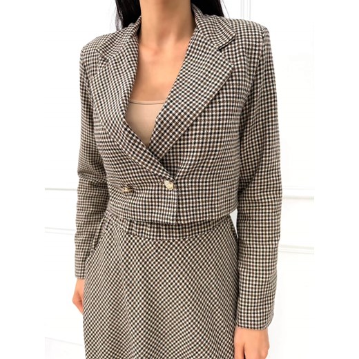 Czekoladowa Krótka Marynarka w Pepitkę ze sklepu ModnaKiecka.pl w kategorii Marynarki damskie - zdjęcie 187302370