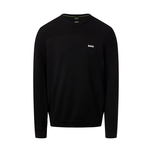 BOSS Green Męski sweter z zawartością merynosów - Momentum Mężczyźni Sztuczne włókno czarny jednolity ze sklepu vangraaf w kategorii Swetry męskie - zdjęcie 187303604