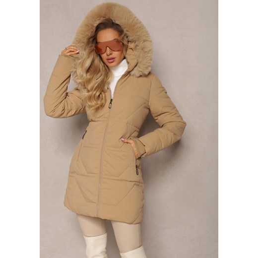Ciemnobeżowa Pikowana Kurtka z Kapturem i Ozdobnym Futerkiem Zepiola ze sklepu renee.pl w kategorii Kurtki damskie - zdjęcie 187304984