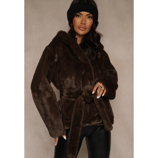 Brązowa Futerkowa Kurtka z Kapturem i Wiązanym Paskiem Zetele ze sklepu renee.pl w kategorii Futra damskie - zdjęcie 187305000