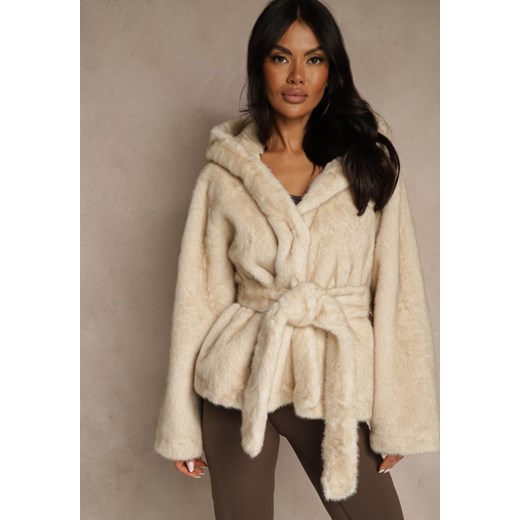 Beżowa Futerkowa Kurtka z Kapturem i Wiązanym Paskiem Zetele ze sklepu renee.pl w kategorii Futra damskie - zdjęcie 187305010