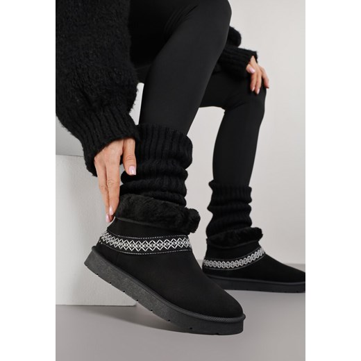 Czarne Rustykalne Śniegowce z Imitacji Zamszu z Haftem i Futerkiem Zetilda ze sklepu renee.pl w kategorii Śniegowce damskie - zdjęcie 187305012