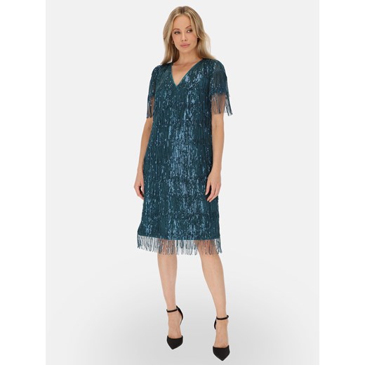 Wieczorowa zielona sukienka z cekinowymi frędzlami L'AF Samba 38 Eye For Fashion