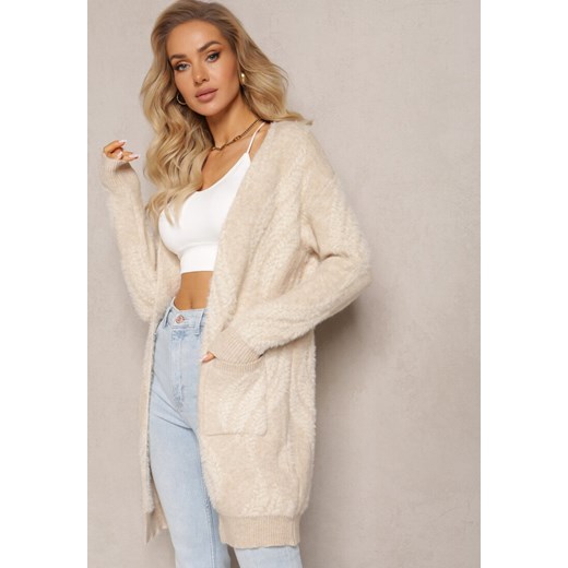 Jasnobeżowy Luźny Kardigan Niezapinany z Dłuższym Włosiem Karsta - id: 234501-299-CREAM - marki Renee - 187308550 Jasnobeżowy Luźny Kardigan Niezapinany z Dłuższym Włosiem Karsta ze sklepu renee.pl w kategorii Swetry damskie - zdjęcie 187308550