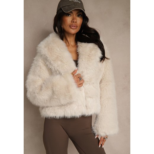 Beżowa Kurtka Futerko Ozdobione Kołnierzem Wedarea ze sklepu renee.pl w kategorii Futra damskie - zdjęcie 187308571