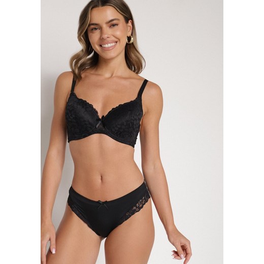 Czarny Klasyczny Komplet Biustonosz i Majtki Figi z Koronką Ezilene ze sklepu born2be.pl w kategorii Komplety bielizny damskiej - zdjęcie 187314892