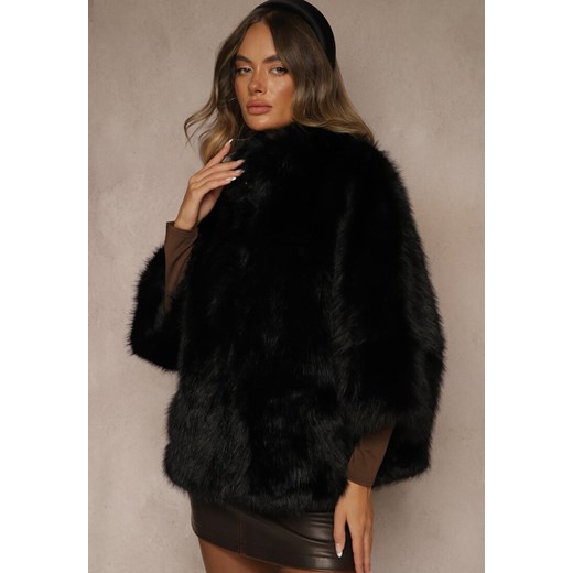 Czarna Kurtka Futerko z Kołnierzem i Szerokimi Rękawami 3/4 Zapinana na Suwak Clauda ze sklepu renee.pl w kategorii Futra damskie - zdjęcie 187314914