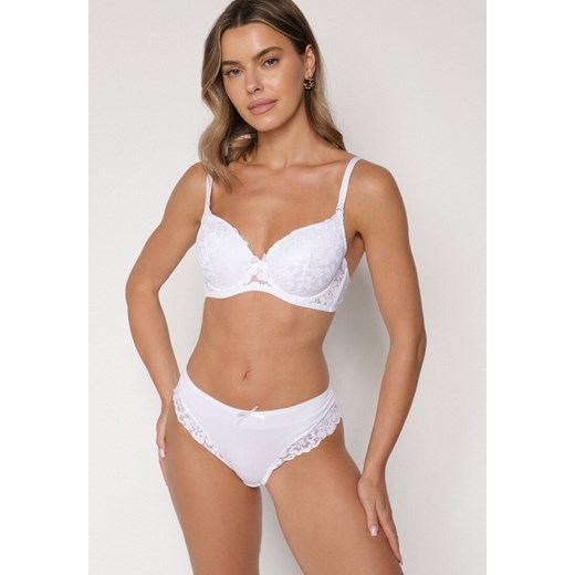 Biały Komplet Biustonosz i Majtki Typu Figi Ozdobiony Koronką Ezivane ze sklepu born2be.pl w kategorii Komplety bielizny damskiej - zdjęcie 187316441