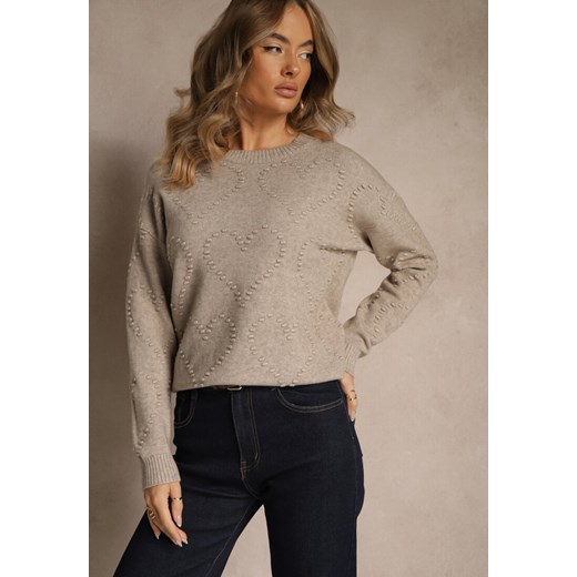 Beżowy Sweter z Tłoczonymi Sercami Unareia ze sklepu renee.pl w kategorii Swetry damskie - zdjęcie 187316741