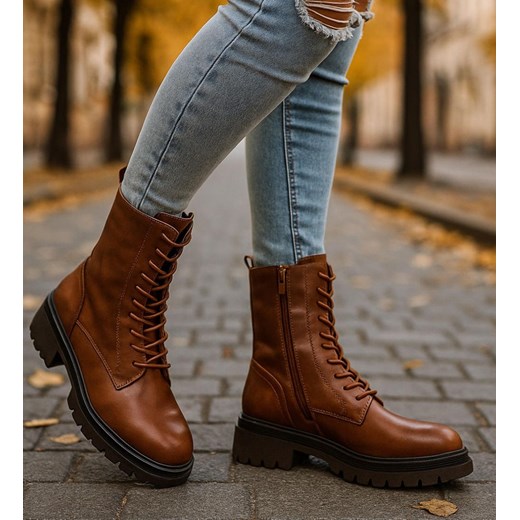 Brązowe trapery damskie z ociepleniem /F1-2 18437 T399/ ze sklepu Pantofelek24.pl w kategorii Workery damskie - zdjęcie 187318194