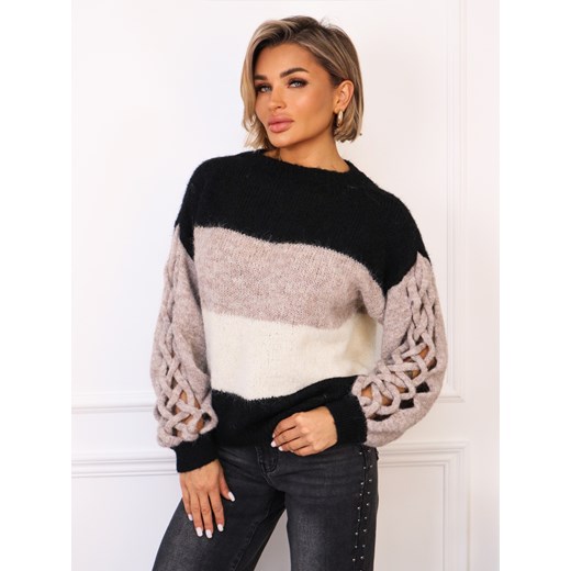 SWETER W PASY Z PLECIONYMI RĘKAWAMI- CZARNY Olika uniwersalny olika.com.pl