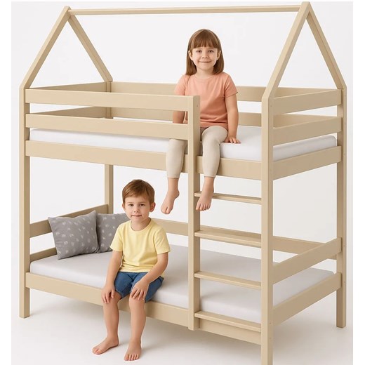 Piętrowe łóżko domek 2-osobowe skandynawskie, waniliowy K2-L01 ze sklepu Edinos.pl w kategorii Łóżka dziecięce - zdjęcie 187322650