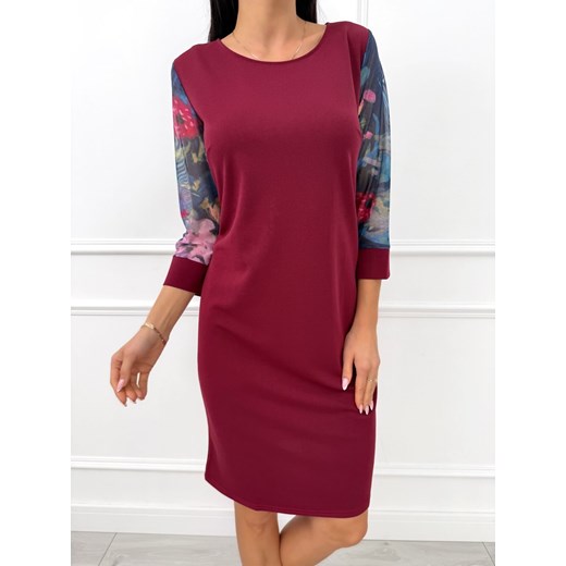 Bordowa Klasyczna Sukienka z Ozdobnym Rękawem ze sklepu ModnaKiecka.pl w kategorii Sukienki - zdjęcie 187329774
