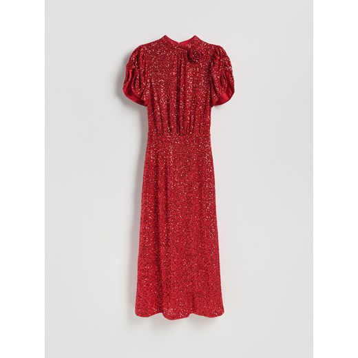 Reserved - Cekinowa sukienka z bufiastymi rękawami - czerwony ze sklepu Reserved w kategorii Sukienki - zdjęcie 187331284