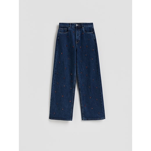 Reserved - Jeansy wide leg z aplikacjami - granatowy ze sklepu Reserved w kategorii Jeansy damskie - zdjęcie 187331310