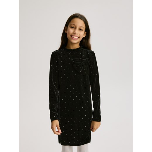 Reserved - Welurowa sukienka z kokardą - czarny Reserved 134 (8 lat) Reserved