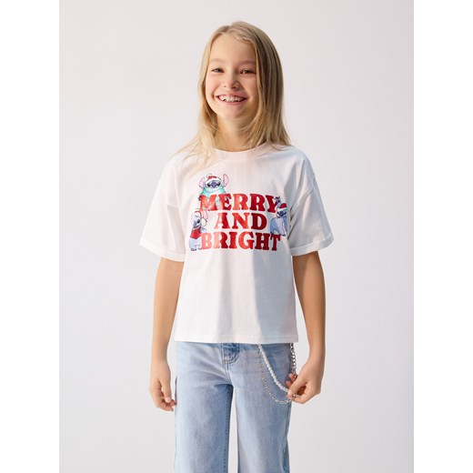 Reserved - Świąteczny t-shirt Lilo i Stitch - złamana biel ze sklepu Reserved w kategorii Bluzki dziewczęce - zdjęcie 187331680