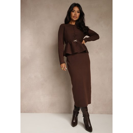 Brązowy Elegancki Komplet Garniturowy z Wiskozą Taliowana Marynarka i Spódnica Zaite ze sklepu renee.pl w kategorii Komplety i garnitury damskie - zdjęcie 187334172