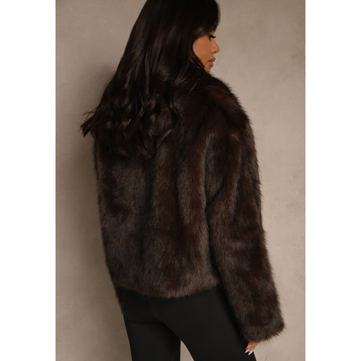 Brązowa Kurtka Futerko o Fasonie Cropped z Kołnierzem Abentia Renee S renee.pl